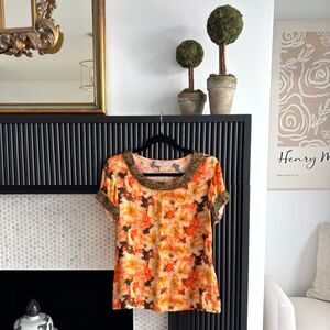 Dallin Chase Orange Floral Viscose Crepe Beaded Scoop Neck Blouse - Size S